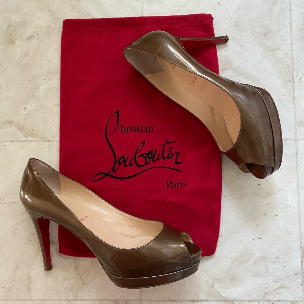 Christian Louboutin Glossy Brown Peep-Toe Heels